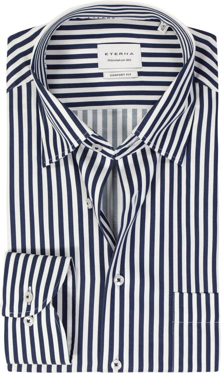 ETERNA comfort fit overhemd - satijnbinding - donkerblauw gestreept - Strijkvrij - Boordmaat: 52
