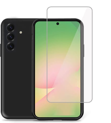 Technow hoesje + Screenprotector geschikt voor Samsung A56 / A36 – Tempered Glass - Liquid Back Case Cover Zwart