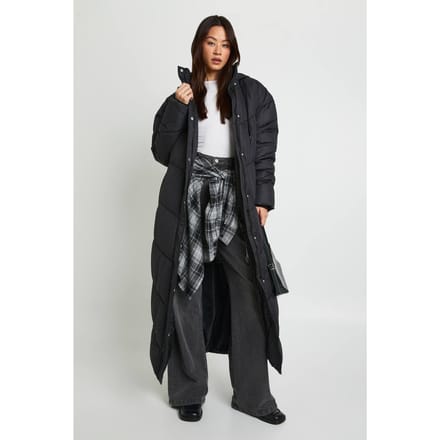 boohoo Dames Lange capuchon met quilt-detail maxi donsjas | Black | Maat: 6