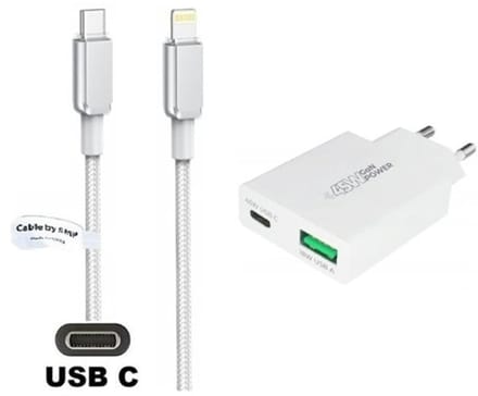 45W super snellader met 2 poorten + 2,0m USB C naar Lightning kabel. Universele PD PPS lader. Compacte GAN oplader adapter past op Apple iPhone SE 2, iPhone 8, 8 Plus, iPhone 10, iPhone X, iPhone XR, iPhone XS, iPhone XS Max