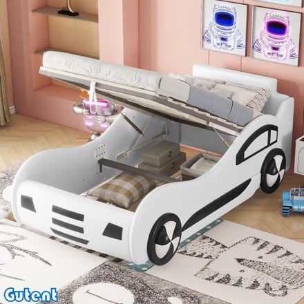 Gutent Kinderbed-90 x 200 cm-Model autobed-Modellen zonder matras-Opbergruimte-Wit