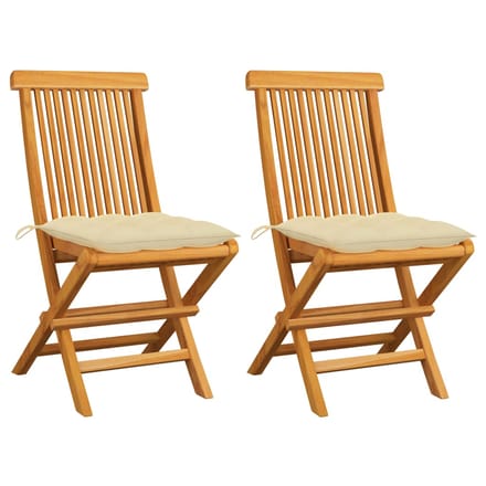 vidaXL - Inklapbare - stoelen - 2 - st - met - crèmewitte - kussens - massief - teakhout