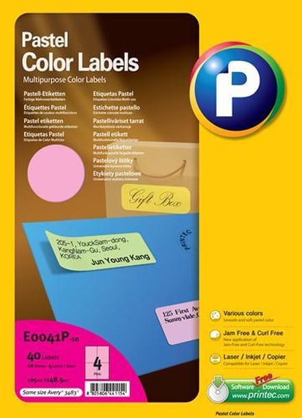 Printec Pastel Roze Etiketten - 10 Vel - 105x148.5mm - 4 Labels Per A4 - 40 Gekleurde Stickers