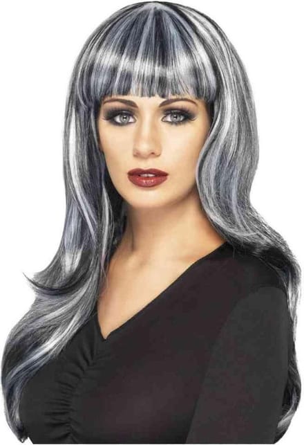 Lange zwart-wit pruik met pony voor dames - Verkleedpruik - One size