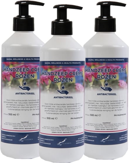 Handzeep Creme Rozen 500 ml - met gratis pompje - set van 3 stuks