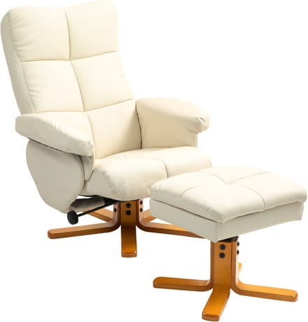 HOMCOM-Relaxsessel mit Hocker-Holz, Kunstleder-B80 x T86 x H99cm-Cremeweiß