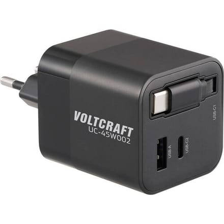 VOLTCRAFT UC-45W002 USB-oplader 45 W 1x USB-A, 2x USB-C USB PD Zwart Binnen GaN, USB Power Delivery (USB-PD), Snellader
