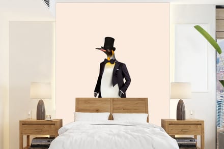 Behang - Fotobehang Pinguïn - Dier - Hoed - Colbert - Zwart - Breedte 190 cm x hoogte 260 cm