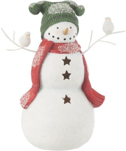 J-Line figuur Sneeuwman Vogels - polyresin - rood/groen - small