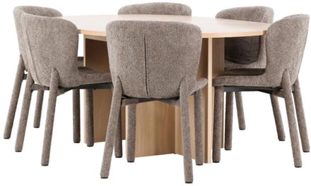 Strada eethoek uittrekbare tafel Ø120cm, 170cm en 6 stoelen whitewash, bruin.