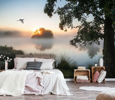 Fotobehang - Bomen - Meer - Vogel - Zonsondergang - Vliesbehang - (368 x 254 cm)