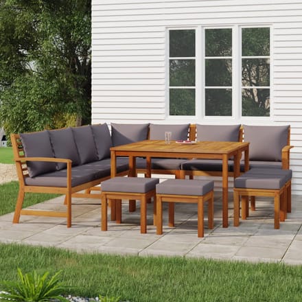 vidaXL - 11-delige - Tuinset - met - kussens - massief - acaciahout