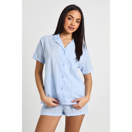 boohoo Dames Katoenen Dobby Korte Mouw Shirt & Korte Pyjama Set | Lichtblauw | Maat: 34