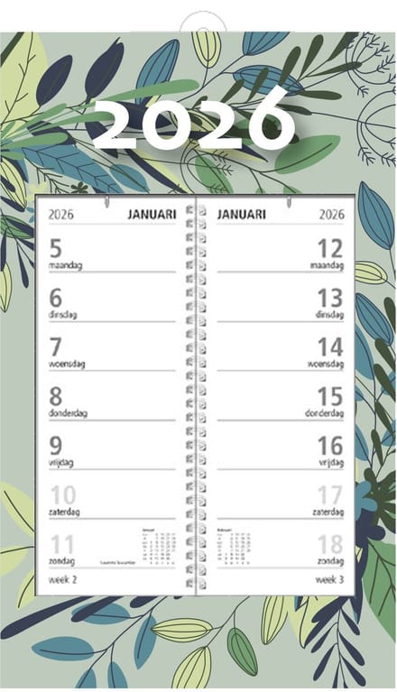 MGPcards - Omlegweekkalender 2026 - Week begint op maandag - 21 x 34 cm - Bladeren - Groen