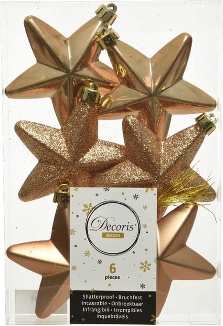 Decoris kersthanger sterren - 6x st - camel bruin - 7 cm - kunststof - kerstornamenten - kerstversiering
