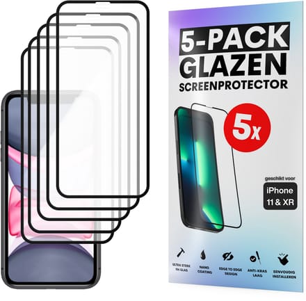 Screenprotector - Geschikt voor iPhone 11 / XR - Gehard Glas - Full Cover Tempered Glass - Case Friendly - 5 Pack