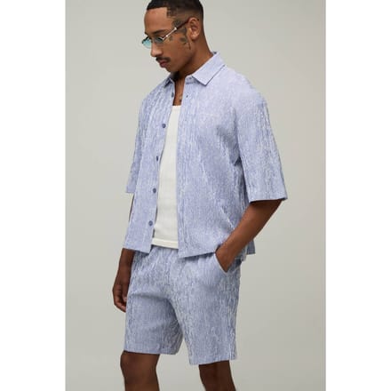 Gestreepte Seersucker Geborduurd Boxy Oversized Shirt & Short Set | Navy | Size Medium