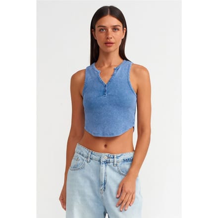 Dames Geribbelde Crop Blouse met Knopen