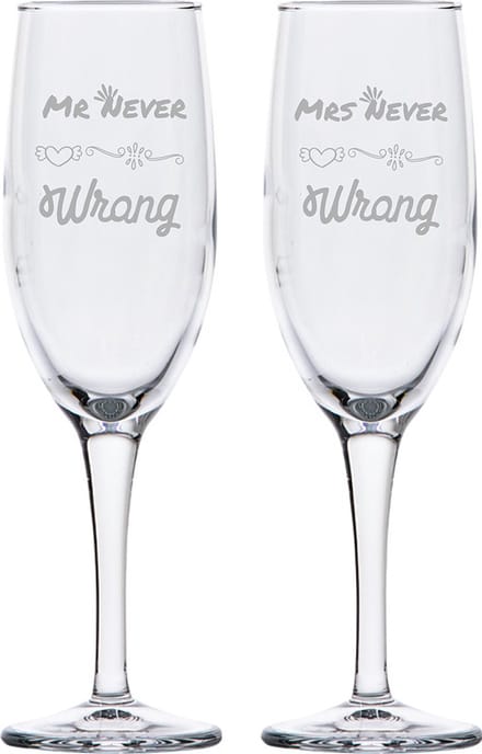 Gegraveerde set Champagneglazen 16,5cl Mr. Never wrong - Mrs. Never wrong