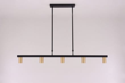 Hanglamp strak zwart met 5 gouden Gu10 spots - 140cm