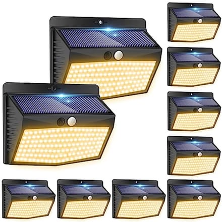 10 x Solar LED Buitenverlichting met Bewegingssensor - 138 LED, Warm Wit, IP65 Waterdicht, 3 Modi voor Muurverlichting