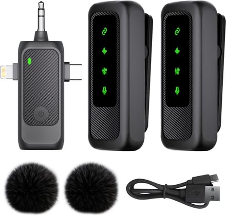 Nuvance Draadloze Microfoon - 2 Stuks - Microfoon Draadloos - Mini Dasspeld Microfoon - Lavalier - 3 in 1 - Incl. 2 Windshields