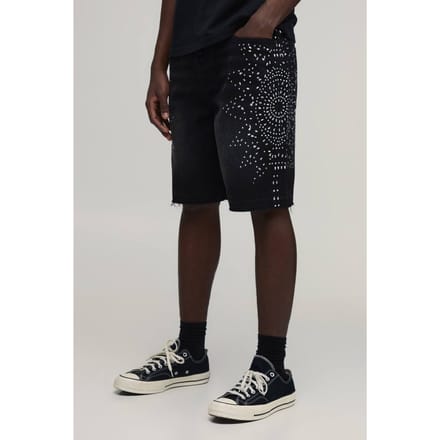 Relaxed Denim Shorts Met Strassteentjes En Ruwe Zoom | Washed Black | Size 34