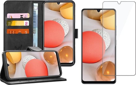 Hoesje geschikt voor Samsung Galaxy A42 - Screen Protector GlassGuard - Book Case Kunstleer Pasjeshouder Zwart & Screenprotector