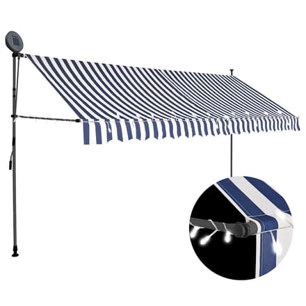 vidaXL - Luifel - handmatig - uitschuifbaar - met - LED - 350 - cm - blauw - en - wit