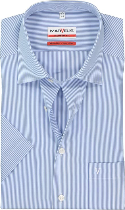 MARVELIS modern fit overhemd - korte mouw - blauw-wit gestreept