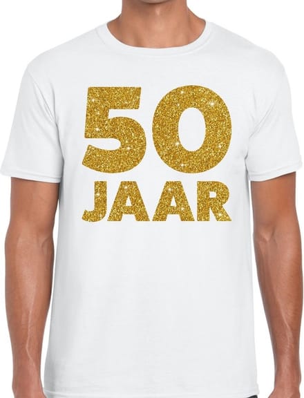 50 Jaar verjaardag - gouden glitters tekst - t-shirt - wit - heren - korte mouwen - Abraham pop kleding M