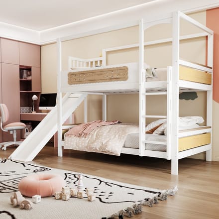 MODFU - Etagenbed 90x200 cm – Met glijbaan & brede veiligheidsladder – Naturel/Wit
