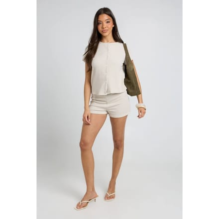 boohoo Dames Geribbelde Korte Mouw Doorknoop Top En Short Set | Ecru | Maat: 44