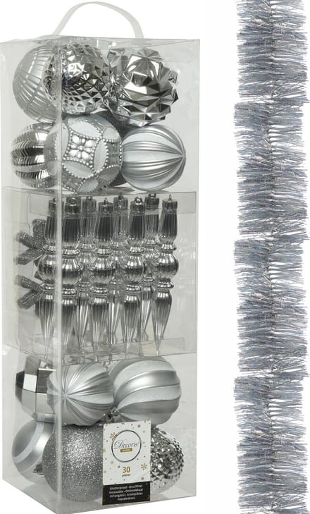 Decoris - kerstballen en slinger - 31x st - zilver kunststof