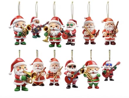 Without Lemon - Set van 12 - Kerstman met Instrument Ornament - Kerst Hangers - Kerst Versieringen - Kerstboom Versiering - 2D/Plat - Acryl