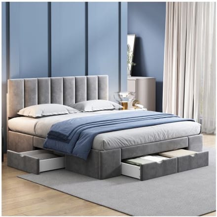 Lit rembourré - MUVOE - 160 x 200 cm - Velours gris - 4 tiroirs - Sommier à lattes gris