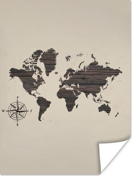 Poster - Wereldkaart - Hout - Vintage - 30x40 cm