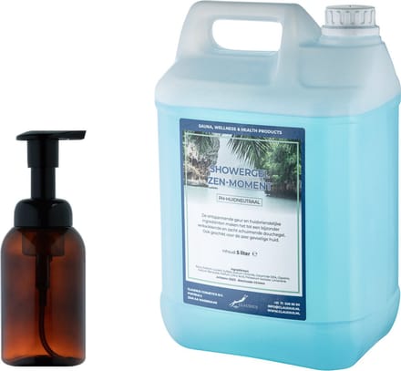 Zeepdispenser 300 ml amber bruin hervulbaar + 5 liter Showergel Zen Moment navulling