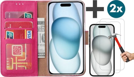 Hoesje met 2 Stuks Screenprotectors Geschikt voor iPhone 15 Plus – Arara bookcase met pasjeshouder - Roze