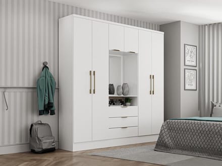Vente-unique Kast met 6 deuren en 3 lades - Met spiegel - L180 cm - Kleur: wit - ELORIO