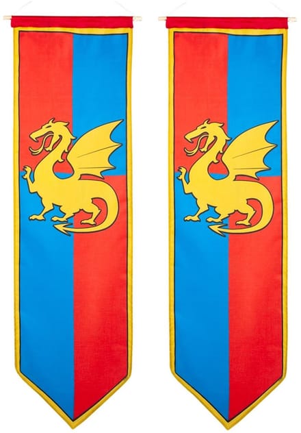 Boland Ridder banier - 2x - blauw/rood - met draak - 100 x 30 cm - vlag - riddervlag - ridder versiering - middeleeuwen