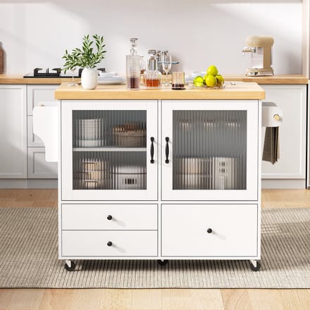 Keukentrolley - Uitschuifbare Eettafel Met Wijnglashouder en Opbergruimte - Mobiele Keukentrolley - Wit