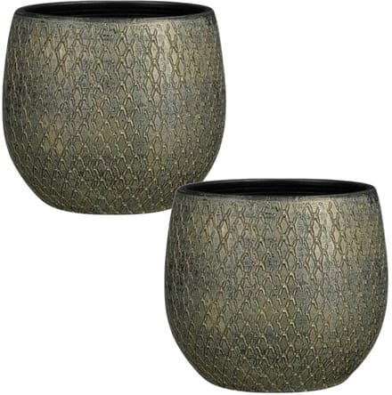 Mica decorations Bloempot / plantenpot Madeira - 2x - groen - terracotta - 23 x 23 cm - schubbenpatroon
