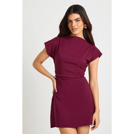 boohoo Dames Geruched hoge hals capmouw shiftjurk | Bordeaux Rood | Maat: 38
