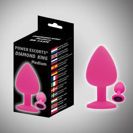 Power escorts - Diamond King plug Medium - Roze met zwarte steen - 8 x 3,5 cm - silicone -  BR133M