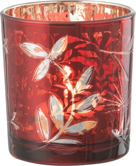 J-Line windlicht Blaadjes - glas - rood/goud - small