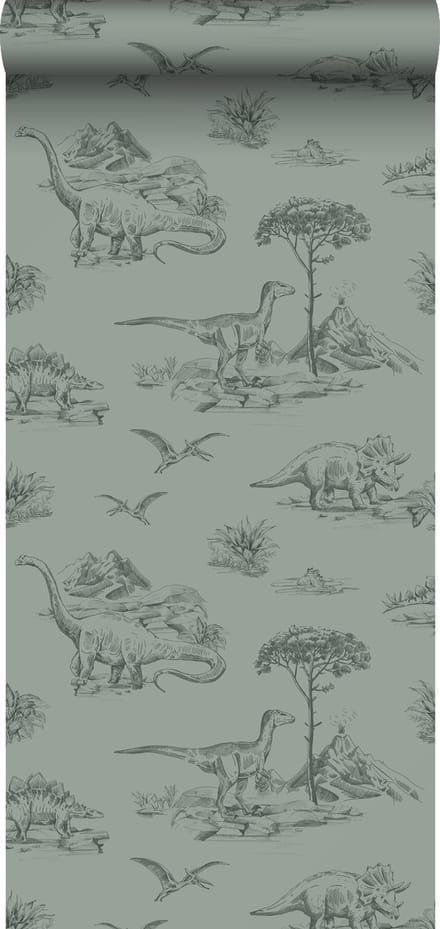 ESTAhome behang dinosaurussen vergrijsd groen - 53 cm x 10.05 m - 139358