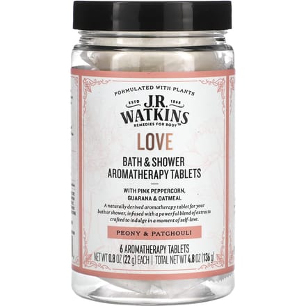 J R Watkins, Love, Bad- en Douche Aromatherapietabletten, Pioenroos & Patchouli, 6 tabletten, 22 g (0,8 oz) elk white