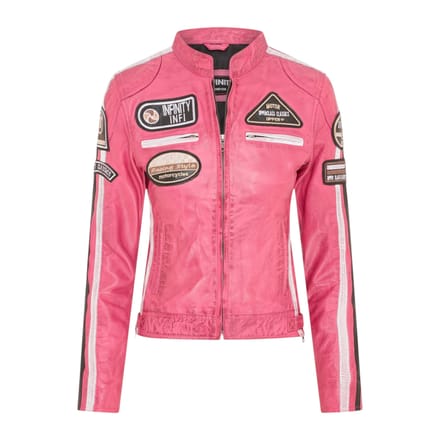 Dames Biker Racing Badges Fuchsia-leren jas-Eastleigh