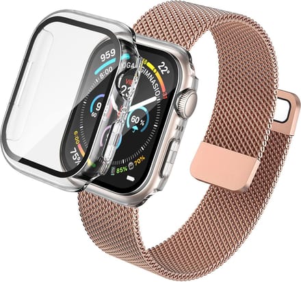 Hoesje met Screenprotector + Bandje geschikt voor Apple Watch 7 41 mm - Magnetisch Bandje Rose - Case met Screenprotector